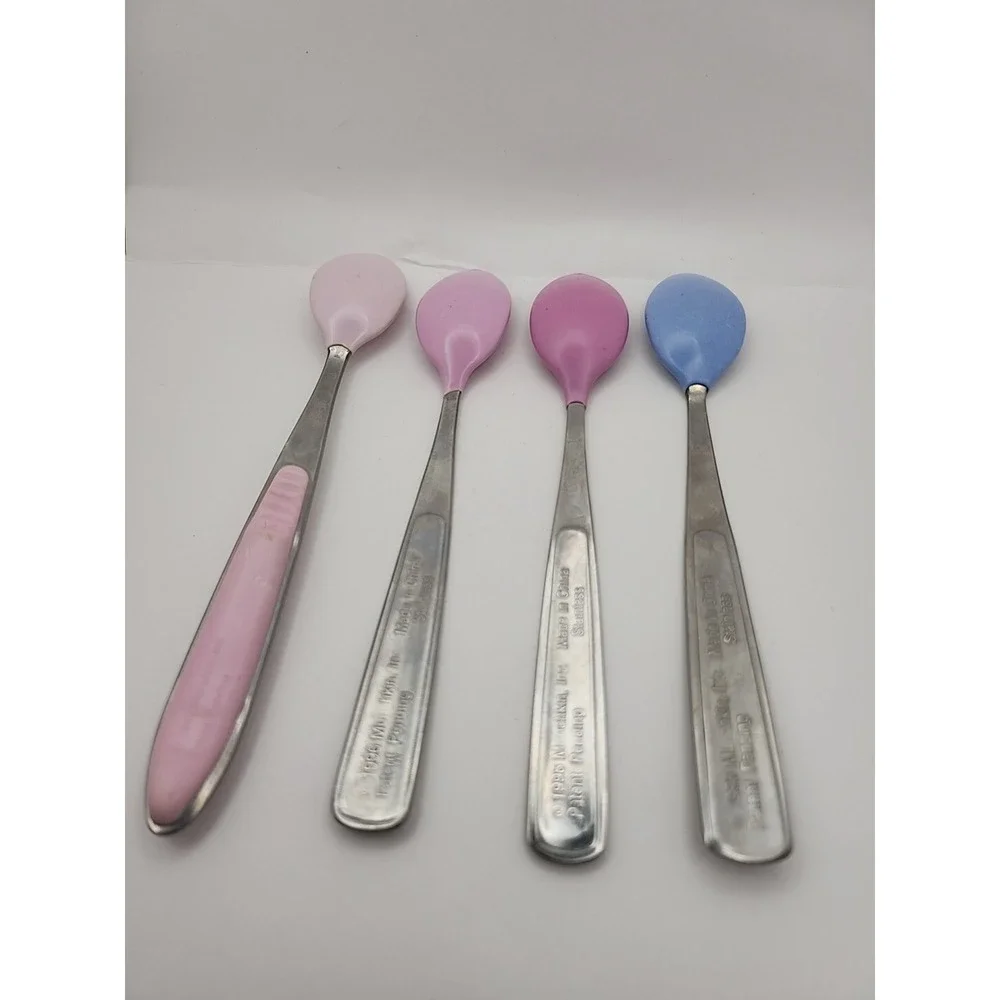 4 VTG Munchkin Baby Spoon Rubber 1996 90s Stainless Steel Pink Blue‎ Tip Infant